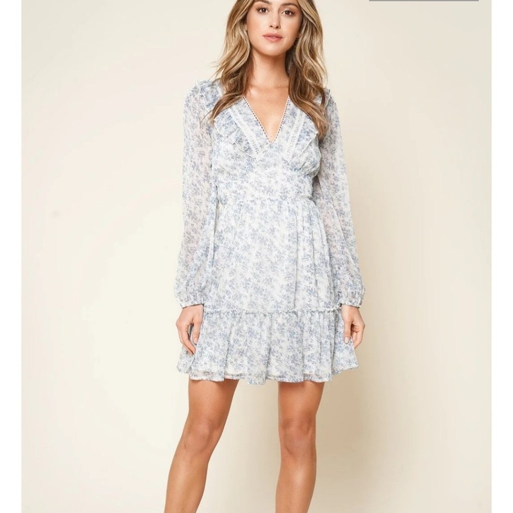 Sugar+Lips Blue and White Floral Ruffled Mini Dress
